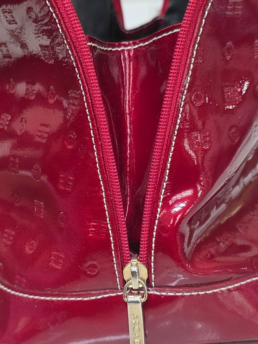 Arcadia Italian Patent Leather Monogram Zip Satchel in Cherry Red - Picture 11 of 15